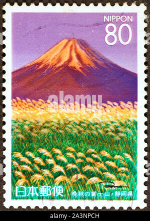 Mount Fuji in springtime on japanese postage stamp Stock Photo