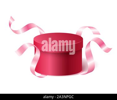 Red pink closed 3d realistic round gift box with flying off ribbons and place for your text, realistic box vector illustration. Stock Vector