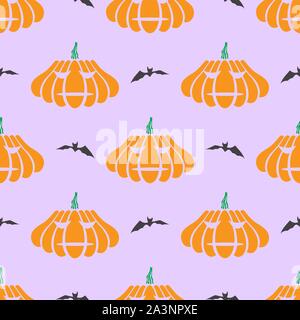 Halloween Decoration Seamless Pattern with Pumpkin and Bat Isolated on Purple Background Stock Vector