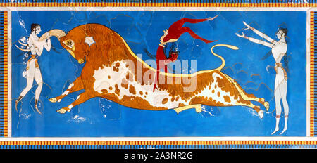 Fresco of bull-leaping (copy of the original) in the Palace of Knossos, Iraklion (Heraklion), Crete, Greece Stock Photo