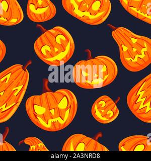 Seamless pattern of cute and scary Halloween pumpkins with faces cartoon vegetables flat vector illustration on dark background. Stock Vector