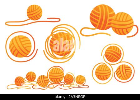 Set of balls of wool craft item for needlework orange color flat vector illustration isolated on white background. Stock Vector