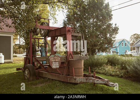 Waterbury, Vermont - September 29th, 2019: Cider Press at entrance to Cold Hollow Cider in Waterbury, Vermont Stock Photo