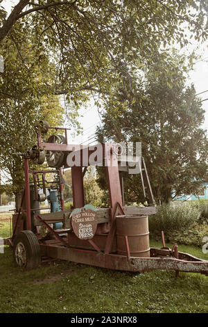 Waterbury, Vermont - September 29th, 2019: Cider Press at entrance to Cold Hollow Cider in Waterbury, Vermont Stock Photo