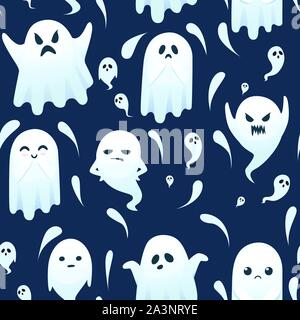Seamless pattern of cute scary little ghost with different emotes on face cartoon character design flat vector illustration on dark background. Stock Vector
