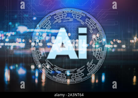 Abstract artificial intelligence word text icon, with network global connection, innovations technology Stock Photo