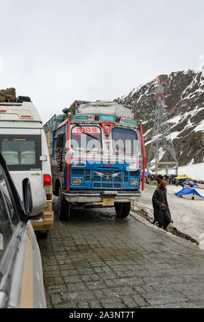 Traffic jams and extremely close crossing of trucks and vehicles due to haphazard parking at Zero Point, Srinagar - Leh Highway, Jammu and Kashmir Stock Photo