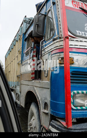 Traffic jams and extremely close crossing of trucks and vehicles due to haphazard parking at Zero Point, Srinagar - Leh Highway, Jammu and Kashmir Stock Photo