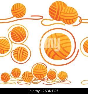 Seamless pattern of balls of wool craft item for needlework orange color flat vector illustration on white background. Stock Vector