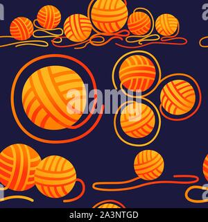 Seamless pattern of balls of wool craft item for needlework orange color flat vector illustration on dark background. Stock Vector