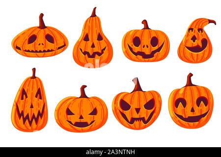 Set of cute and scary Halloween pumpkins with faces cartoon vegetables flat vector illustration isolated on white background. Stock Vector