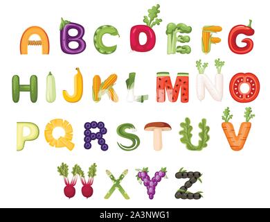 Set of vegetable and fruit alphabet food style cartoon vegetable design flat vector illustration isolated on white background. Stock Vector