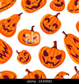 Seamless pattern of cute and scary Halloween pumpkins with faces cartoon vegetables flat vector illustration on white background. Stock Vector