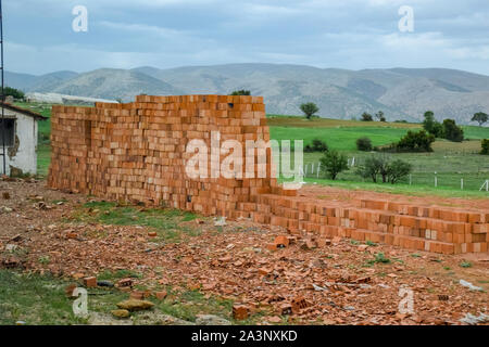 Warehouse of hollow ceramic bricks. Construction base. Stock Photo