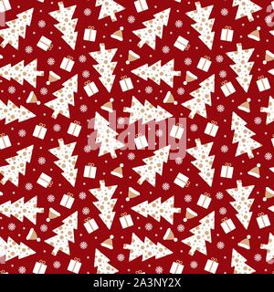 Holiday seamless pattern with white presents, Christmas trees and snowflakes on maroon background. Flat vector illustartion. Stock Vector