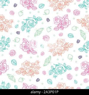 Vector white spaced out roses and berries seamless pattern. Perfect for fabric, scrapbooking and wallpaper projects. Stock Vector