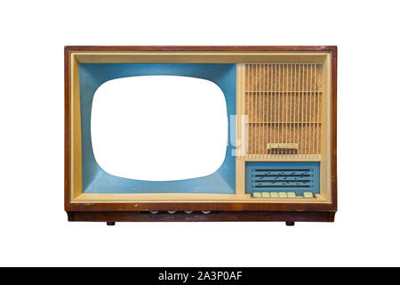 Vintage television with cut out screen on white background. Retro television - old vintage TV. Stock Photo