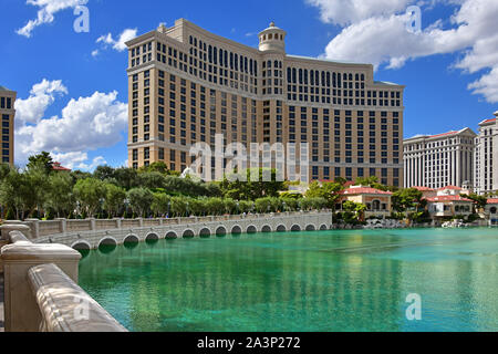 Bellagio Las Vegas NV, USA 10-3-18 Fronted by an 8-acre lake with dancing water fountains, this luxury casino resort It is located in the  Strip. Stock Photo