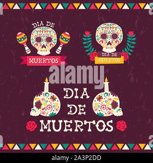 Day of the dead quote set for traditional mexican event. Festive sugar skulls with candles, flowers and holiday text. Stock Vector