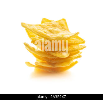 Corn nacho chips. Yellow tortilla chips isolated on white background. Stock Photo