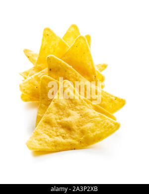 Corn nacho chips. Yellow tortilla chips isolated on white background. Stock Photo