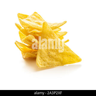 Corn nacho chips. Yellow tortilla chips isolated on white background. Stock Photo