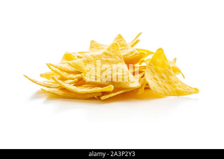 Corn nacho chips. Yellow tortilla chips isolated on white background. Stock Photo