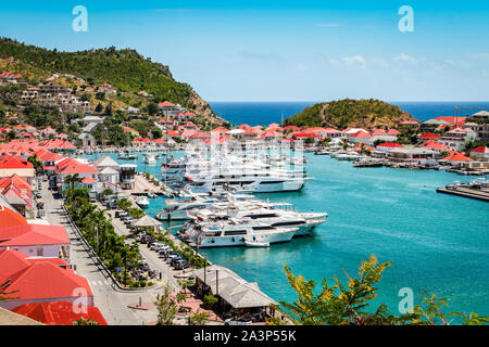 Gustavia, St Barts. Luxury yachts in harbor, West Indies, Caribbean. Stock Photo