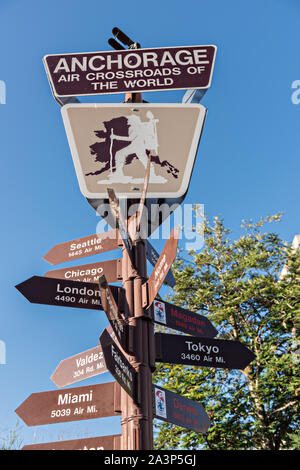 Sign showing distances to other cities at the Visit Anchorage Log Cabin Visitor Information Center at Peratrovich Park in downtown Anchorage, Alaska. Stock Photo