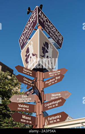 Sign showing distances to other cities at the Visit Anchorage Log Cabin Visitor Information Center at Peratrovich Park in downtown Anchorage, Alaska. Stock Photo