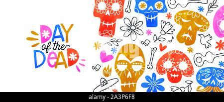 Day of the dead web banner illustration, colorful watercolor sugar skulls and hand drawn mexico culture cartoon for traditional mexican holiday event Stock Vector