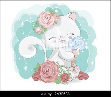 the lovely white cat, kitten, sits and smile, cat with ice cream in flower rose. Can be used for t-shirt print, kids wear fashion design, baby shower Stock Vector