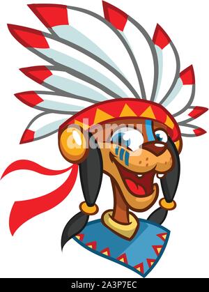 Cartoon Native American character head icon. Vector illustration of native american chief with feathers on his head Stock Vector