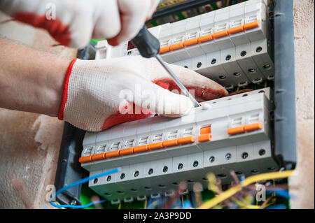 A electrician is installing the fuses in the switch box. Stock Photo