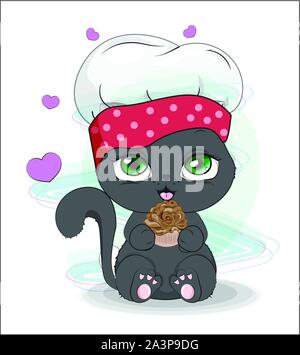 cook cat with cupcake. The picture in hand drawing style, can be used for t-shirt print, wear fashion design, greeting card. baby food menu Stock Vector