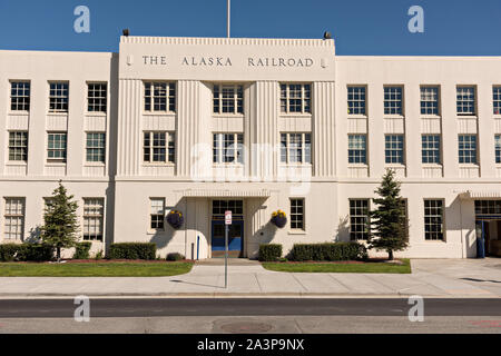 The Alaska Railroad depot in downtown Anchorage, Alaska.  The Moderne-style railroad station was built in 1942 and is the starting point of the Denali Star luxury train. Stock Photo