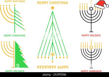 Christmas and Hanukkah cards with trees and menorah, set of vector graphic design elements Stock Vector