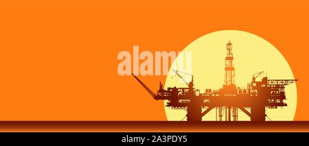 Sea oil rig. Offshore drilling platform on sunset Stock Vector