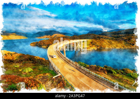 Water colour painting of the Kylesku Bridge spanning Loch a' Chàirn Bhàin in the Scottish Highlands Stock Photo