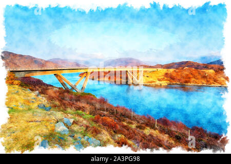 Watercolor painting of Kylesku Bridge spanning Loch a' Chàirn Bhàin in Sutherland in the Highlands of Scotland Stock Photo