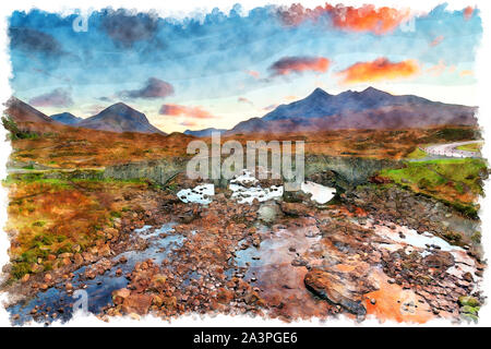 Watercolour painting of sunset over the old bridge at Sligachan on the Isle of Skye in Scotland with the Cuillin mountains in the background Stock Photo