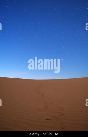 Footprints at nightfall on the desert. The first stars can be seen in the deep blue sky. Stock Photo