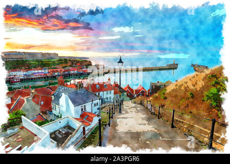 Watercolour painting of sunset over Whitby on the North Yorkshire coast ...