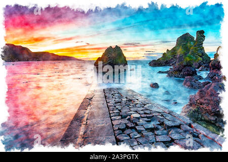 Watercolor painting of a fiery red sunset over Pettico Wick Bay at St Abbs near Eyemouth on the east coast of Scotland Stock Photo