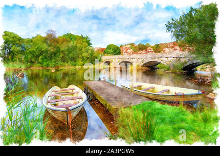 Watercolour painting of the bridge over the river Rhythallt as it flows out of Llyn padarn at Brynrefail near Llanberis in Snowdonia National park in Stock Photo