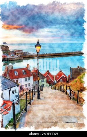 Watercolour painting of sunset over Whitby on the North Yorkshire coast ...
