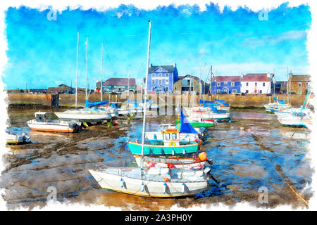 Watercolor painting of the harbour at Aberaeron, a small seaside town between Aberystwyth and Cardigan on the coast of Wales Stock Photo