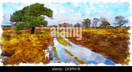 Watercolour painting of a small dog out walking on Studland heath near Poole in Dorset Stock Photo