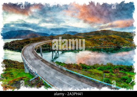 Watercolour painting of sunrise over Kylesku Bridge in the Highlands of Scotland and on the North Coast 500 scenic driving route Stock Photo