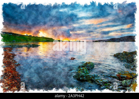 Watercolour painting of sunset over Scourie Bay in the Highlands of Scotland and on the North Coast 500 scenic driving route Stock Photo